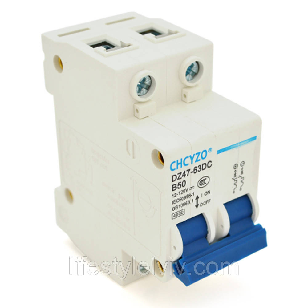 Автоматичний вимикач 50A, 12-125V, CHCYZO DZ47-63DC-B50 / Двополюсний вимикач постійного струму, фото 1