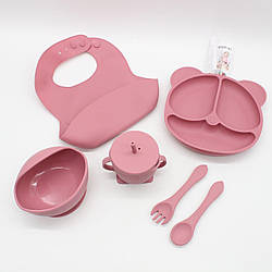 Набір дитячого посуду для годування, 5 предметів, Рожевий / Набір силіконового посуду / Посуд для годування