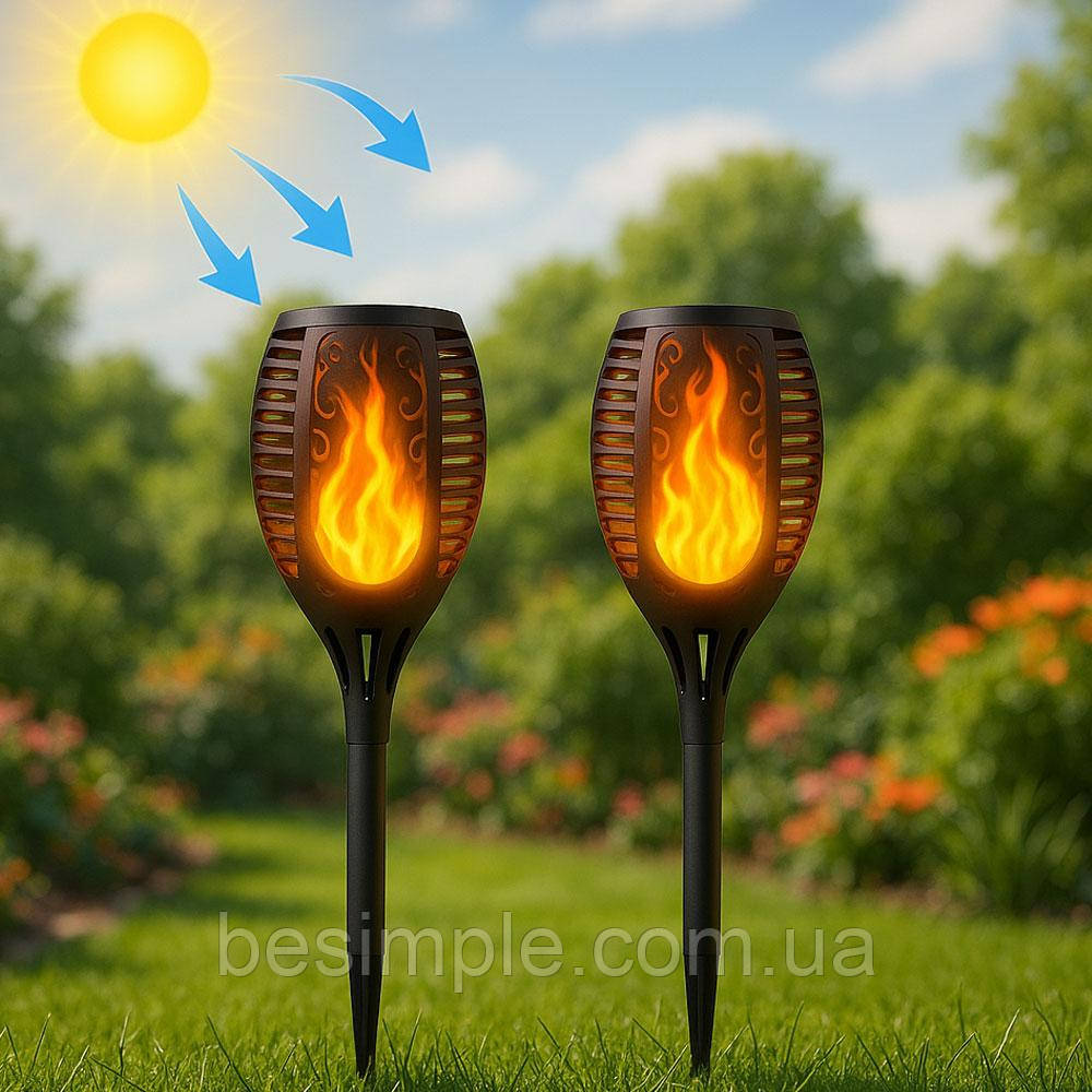 Набір 2шт Ліхтар садовий світильник на сонячній батареї Solar flame 58 см / Водонепроникний ліхтар, факел, фото 1