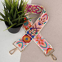 Ремінець плечовий для сумки 50 мм 4413 gold білий з барвистою вишивкою