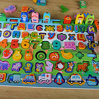 Логічна дошка сортер українська абетка дерево WToys рибалка цифри математичні знаки тварини транспорт фрукти професії кольори , фото 3
