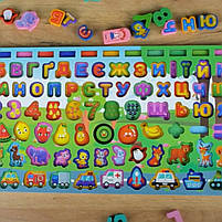 Логічна дошка сортер українська абетка дерево WToys рибалка цифри математичні знаки тварини транспорт фрукти професії кольори , фото 4