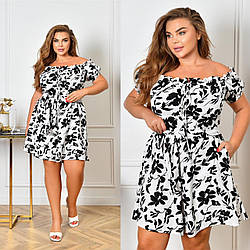 Стильний жіночий літній комбінезон-ромпер: низ шортами, верх привідкриті плечі, батал великі розміри