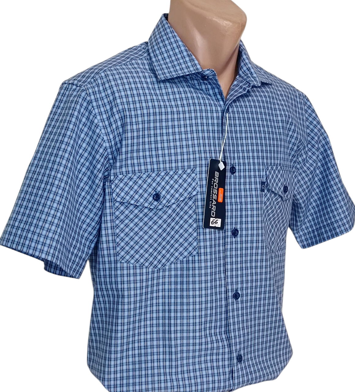 Чоловіча сорочка Brossard vk-0066 синя в клітинку класична бавовна з коротким рукавом, теніска натуральна