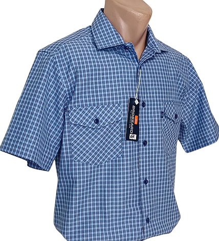 Чоловіча сорочка Brossard vk-0066 синя в клітинку класична бавовна з коротким рукавом, теніска натуральна, фото 1