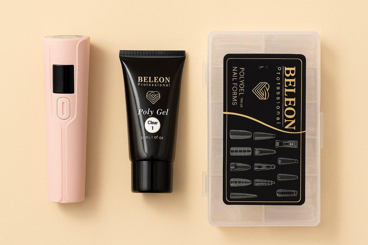 Набір для нарощування нігтів: Лампа-ліхтарик, верхні форми MIX і полігель Beleon 30ml