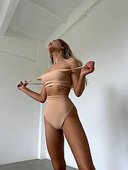 Купальник жіночий базовий ідеальний роздільний плавки висока талія ліф топ біфлекс пляжний комплект OS 44/46, Бежевий