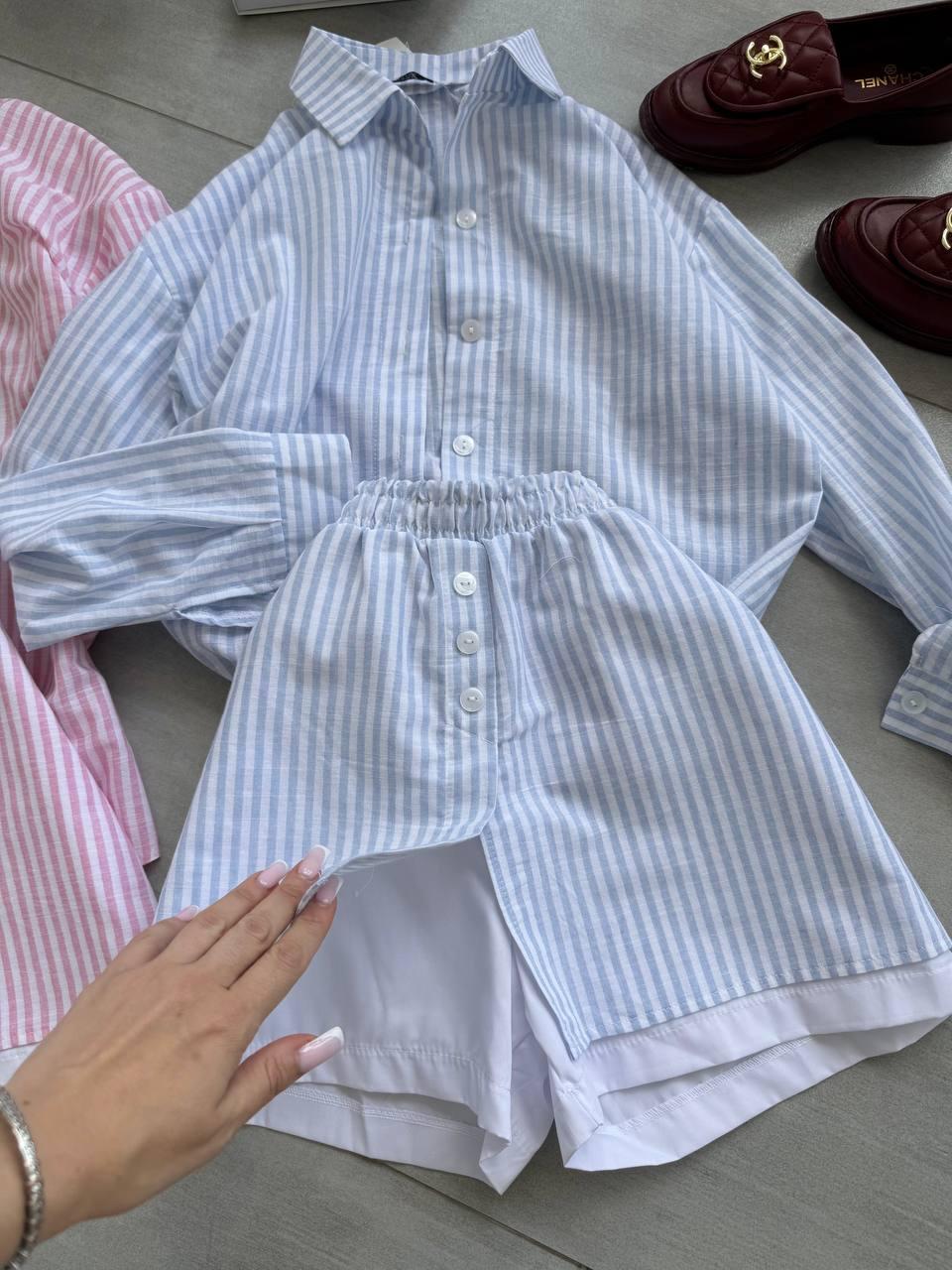 Жіночий літній легкий прогулянковий лляний костюм двійка сорочка на гудзиках спідниця шорти льон смужка котон OS, фото 1