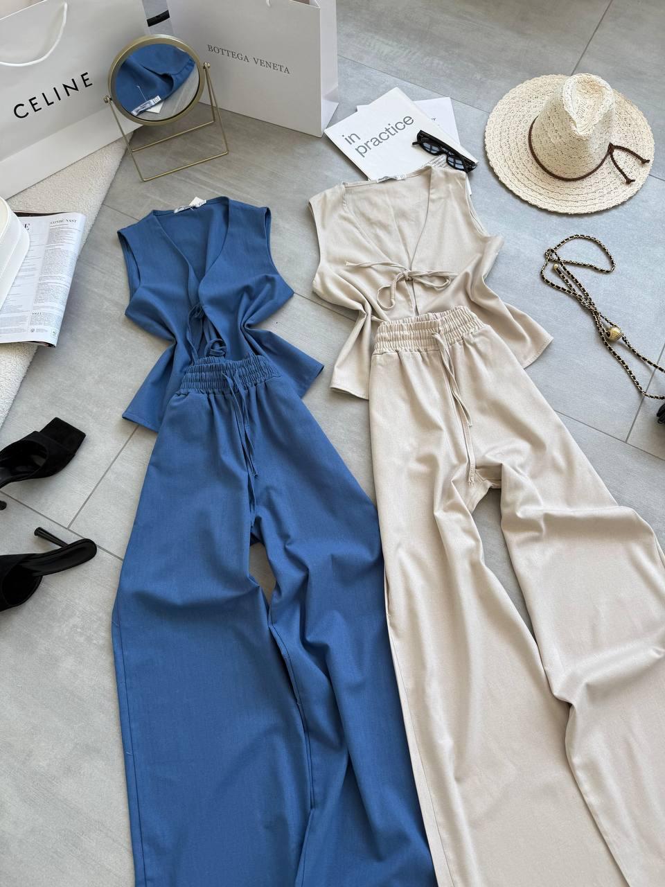 Жіночий літній легкий брючний прогулянковий лляний костюм двійка жилетка на зав'язках прямі штани OS, фото 1