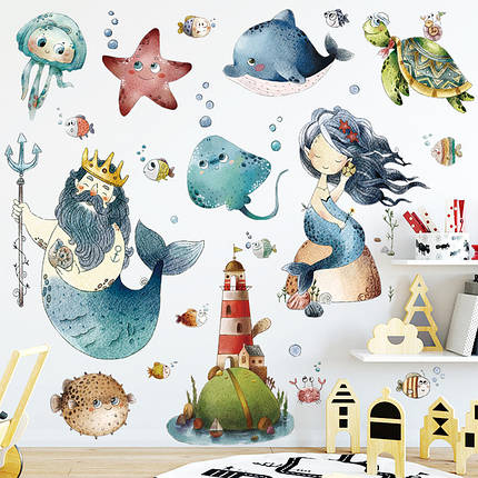 Наклейки у ванну Рибки Червоного моря Русалка Нептун (лист 60 х 90 см) Б57-13, фото 1