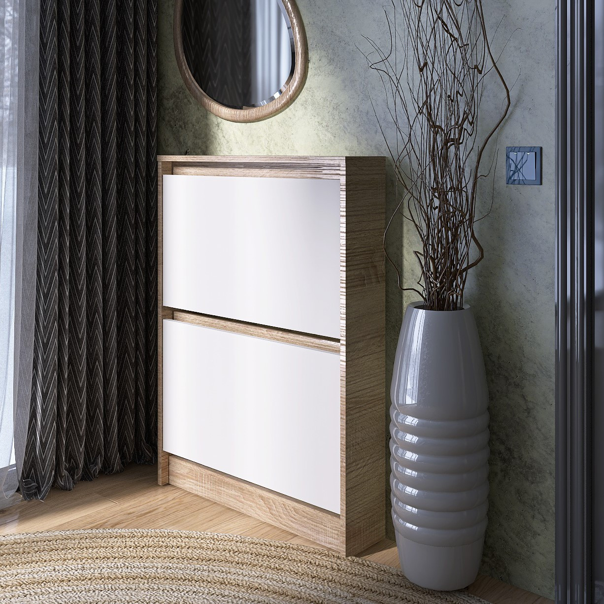 Вузька Тумба для взуття Сіті-160-2 Еверест Дуб сонома, Білий (70х16х96 см), фото 1