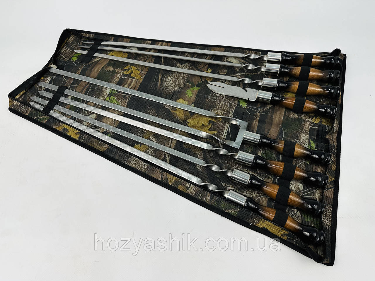 Набір шампурів в чохлі ПРЕМІУМ, (6 штук, подвійний шампур, вилка-ніж для зняття + чохол)