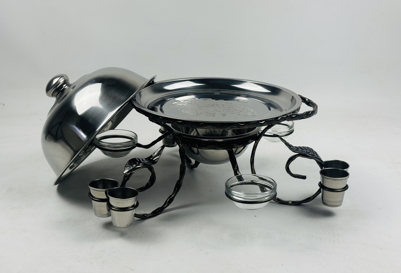 Садж для подачі (підігріву) шашлику 28 см. з соусницами і чарками + кришка, посилений