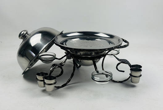 Садж для подачі (підігріву) шашлику 28 см. з соусницами і чарками + кришка, посилений, фото 1