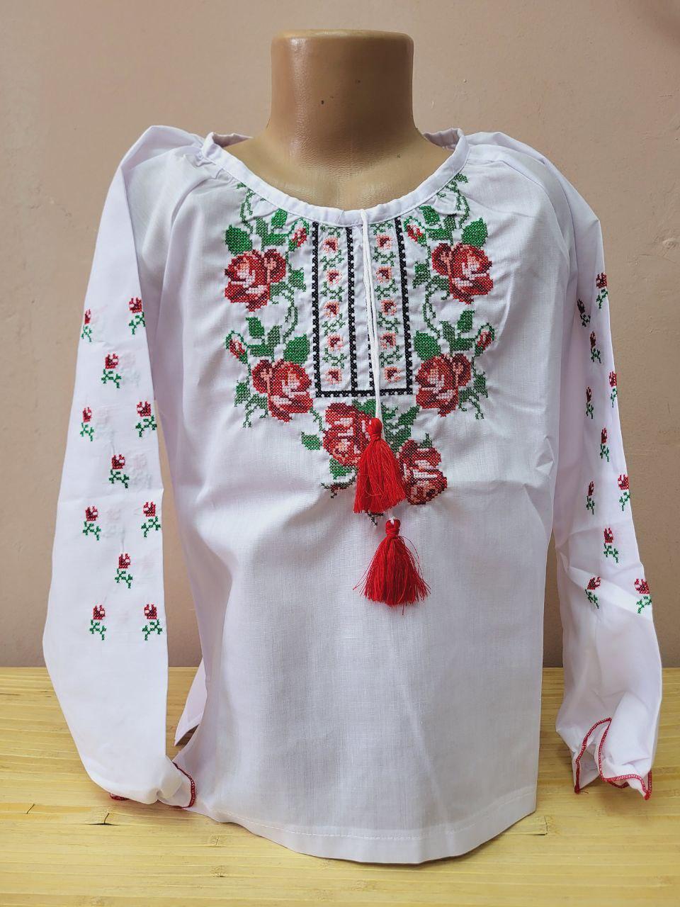 Опт Вишиванка для дівчаток з квітковою вишивкою р. 122-146, червоно-зелнений