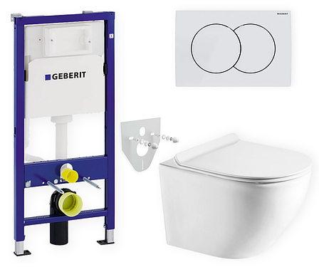 Комплект 5в1: інсталяція Geberit + підвісний унітаз Round Smart білий, змив TORNADO + біла клавіша delta 01, фото 1