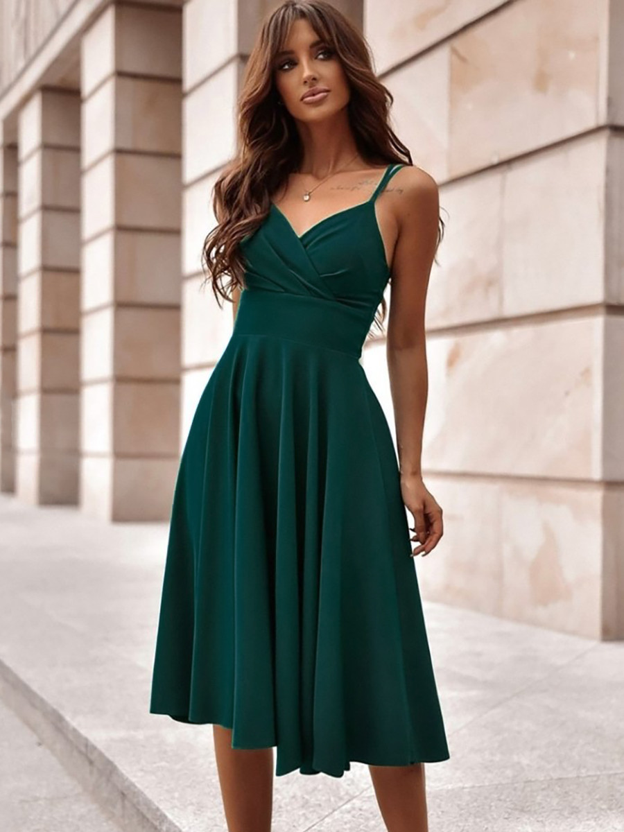 Класичне вишукане стильне вечірнє плаття без рукавів, темно-зелене, фото 1