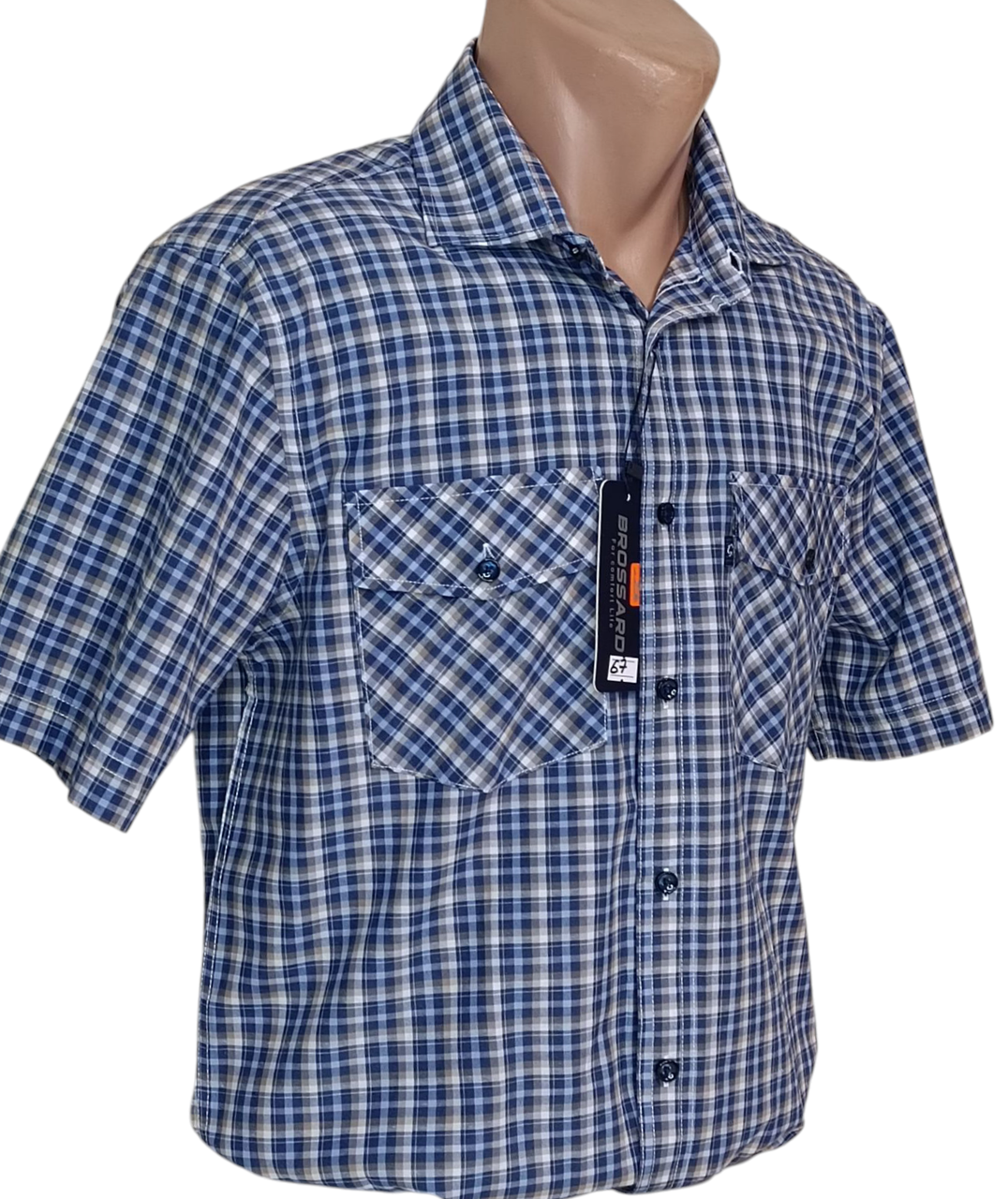 Чоловіча сорочка Brossard vk-0067 синя в клітинку класична бавовна з коротким рукавом, теніска натуральна