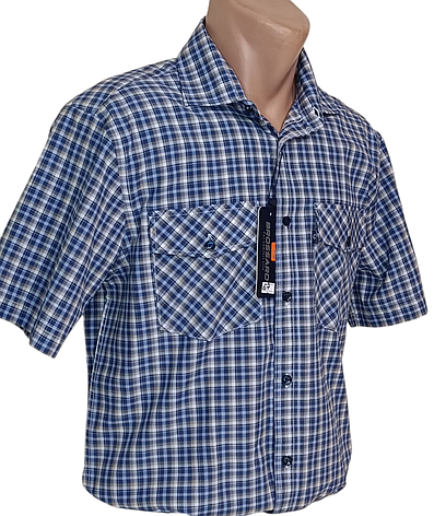 Чоловіча сорочка Brossard vk-0067 синя в клітинку класична бавовна з коротким рукавом, теніска натуральна, фото 1