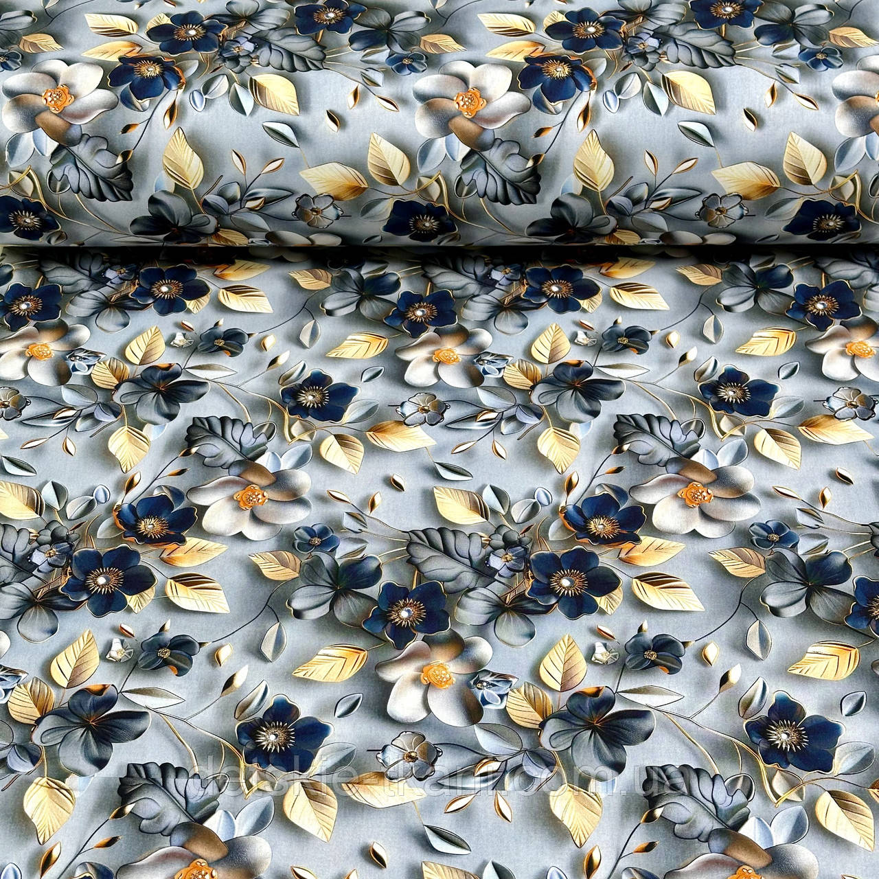 Ранфорс digital з цифровим друком 5D "Маленькі сині квіти із золотистим листям", №5643, фото 1