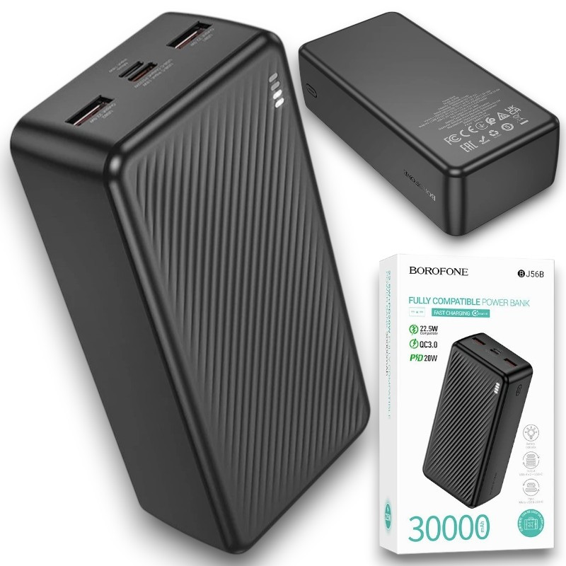 Зовнішній акумулятор Power Bank Borofone BJ56B 30000 мАг із швидкою зарядкою QC3.0 + PD22.5W, чорний