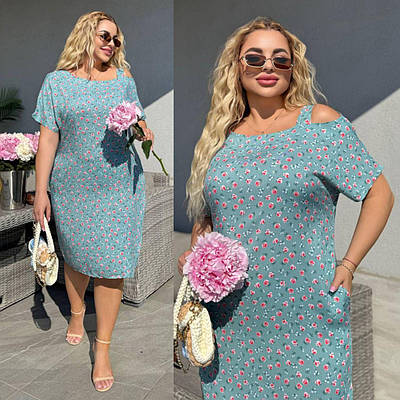 Легка жіноча сукня зі штапеля з коротким рукавом у дрібний квітковий принт для літа у великих розмірах