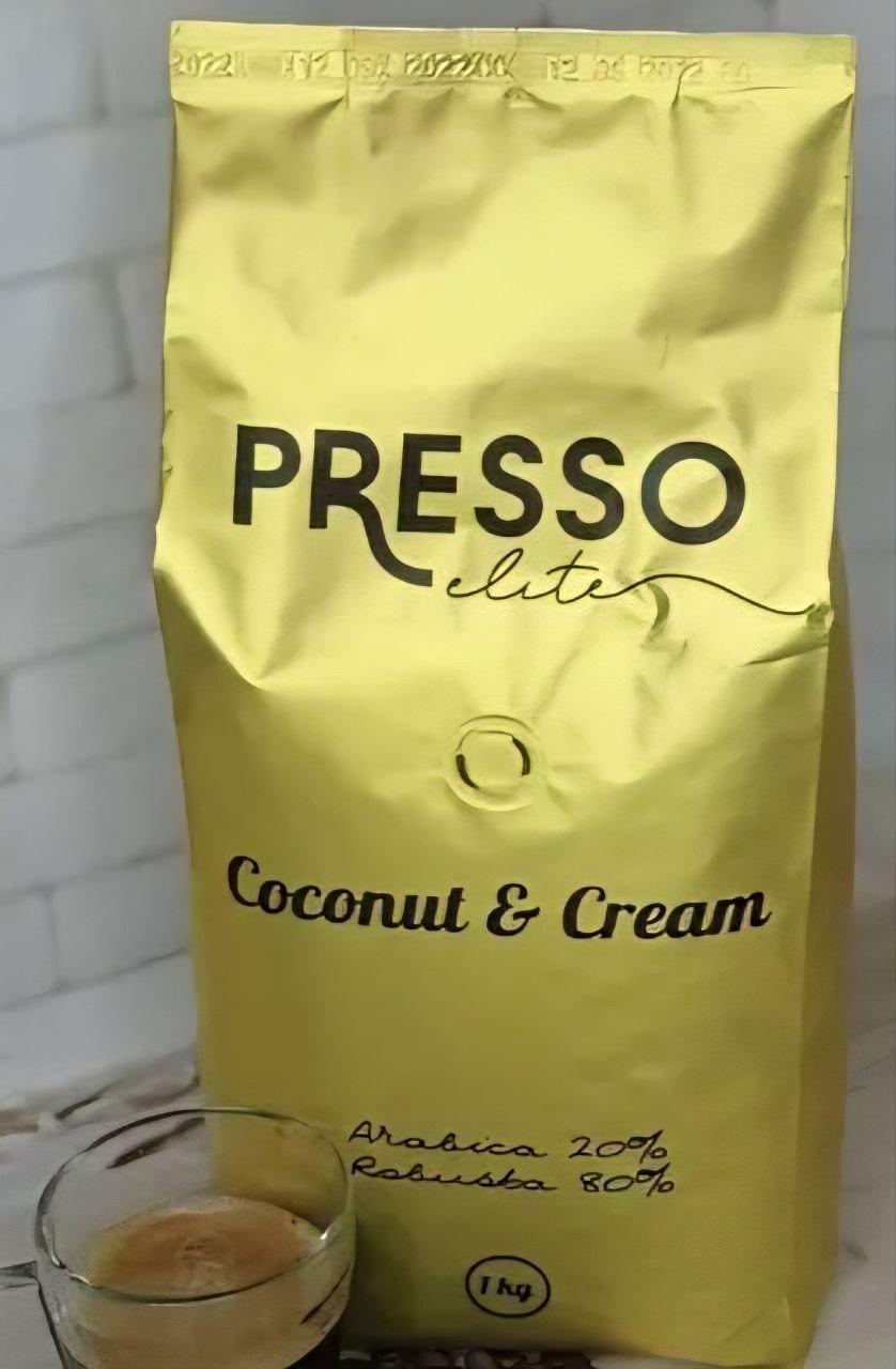 Кава в зернах PRESSO Coffee COCONUT CREAM, 1000г купаж 20/80 свіжого обсмажування з ароматом кокосу та вершків