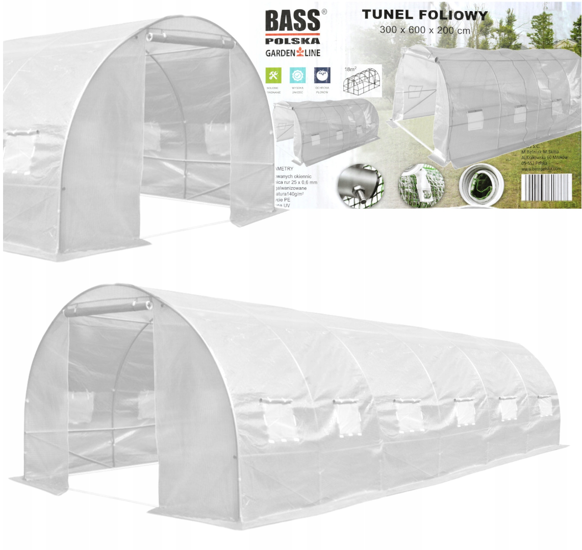 Теплиця,парник  армована плівкова Bass Polska 6×3×2 м (18 м²) біла