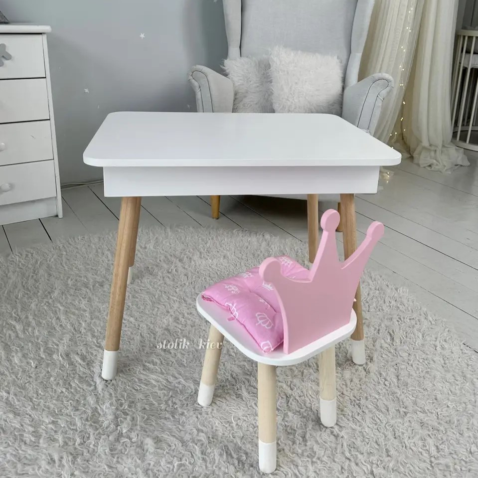 Столик з відкидним верхом 53х60х45 і стільчик корона 26.5х26х25, стіл та стілець для дітей від 1 року, білий з рожевим, фото 1