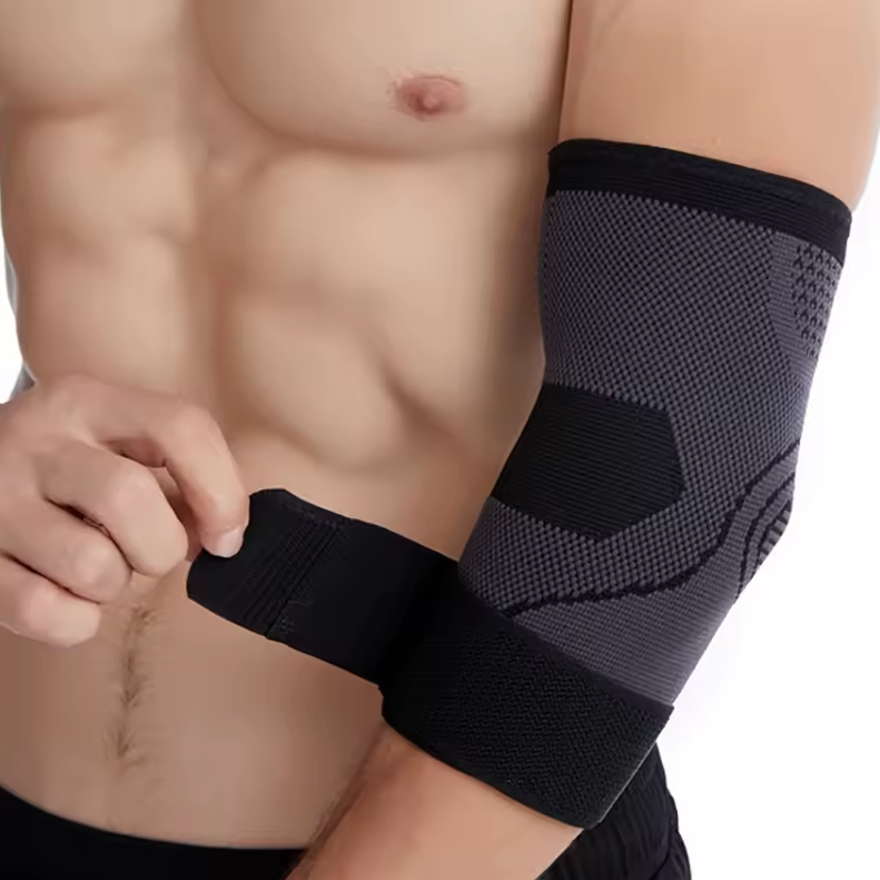 Компресійний налокітник чорний для спорту та тренувань, еластичний бандаж фіксатор на лікоть з дихаючої тканини, фото 1