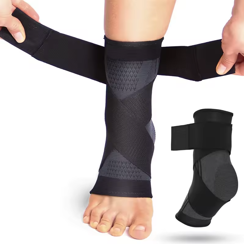 Еластичний фіксатор-бандаж на гомілковостопний суглоб з ременем, для спорту, реабілітації, захисту суглоба, чорний, фото 1