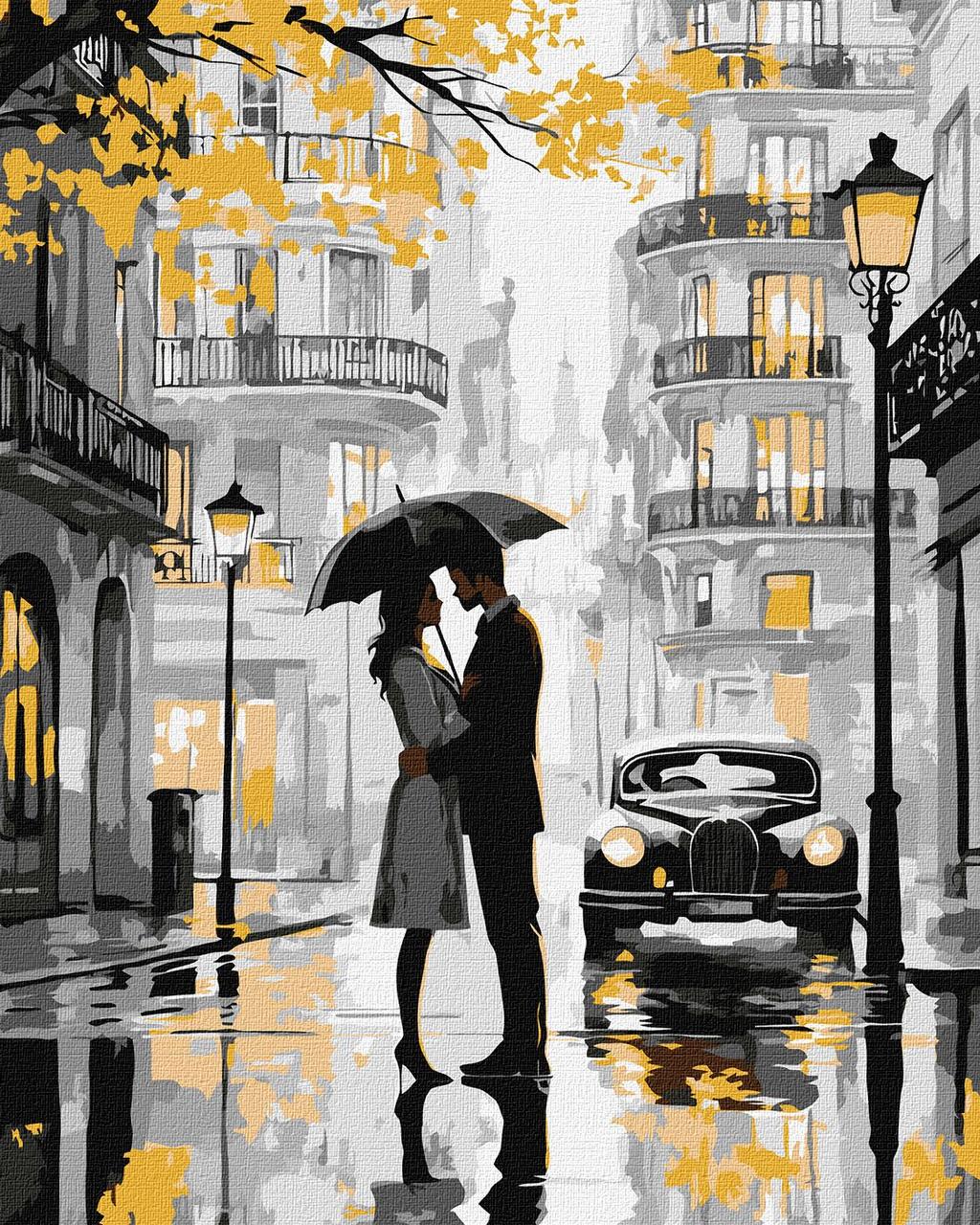 Картина за номерами 40х50 см. Поцілунок під дощем з фарбами металік ©victoria_art Ідейка. KHO8542, фото 1