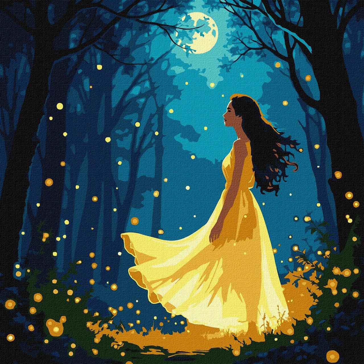 Картина за номерами 30х30 см. Дівчина серед світлячків з фарбами металік extra Ідейка. KHO8576, фото 1