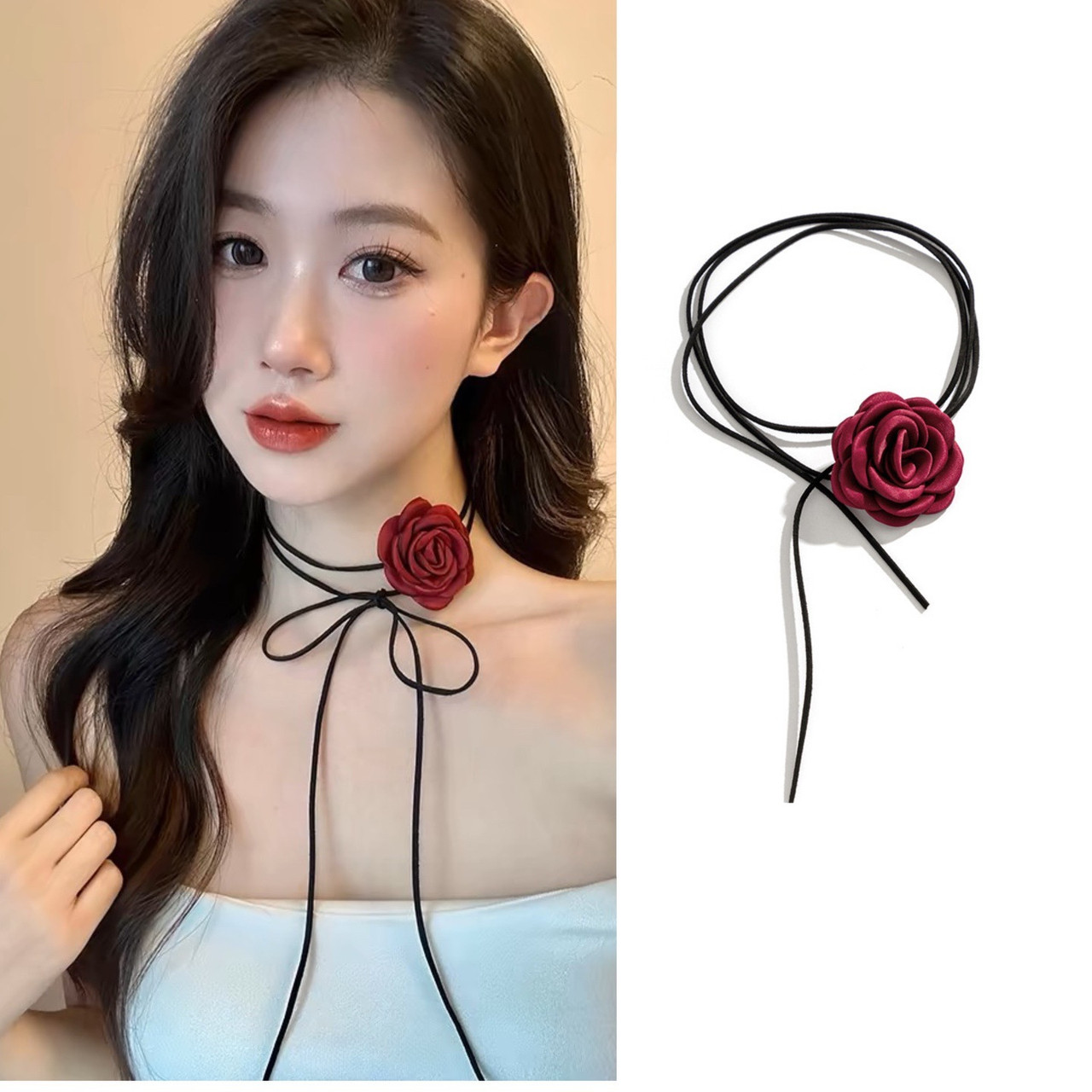 Чокер на шию з оксамитовою бордовою трояндою на шнурку, прикраса на руку, сумку, універсальний розмір, фото 1