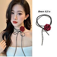 Чокер на шию з оксамитовою бордовою трояндою на шнурку, прикраса на руку, сумку, універсальний розмір, фото 4