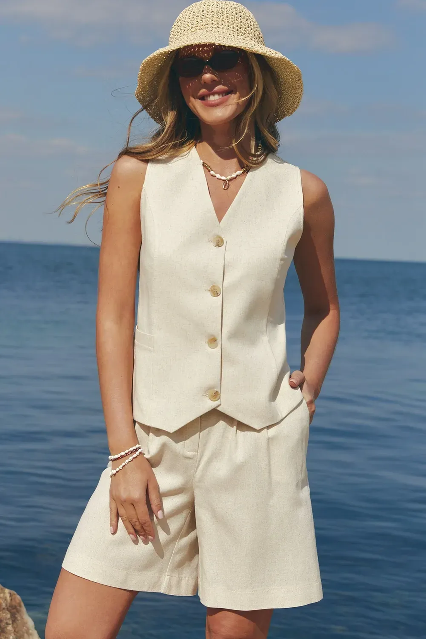 Класичні жіночі бермуди з натурального льону — літні шорти 42-52 розміри світло-бежеві, фото 1