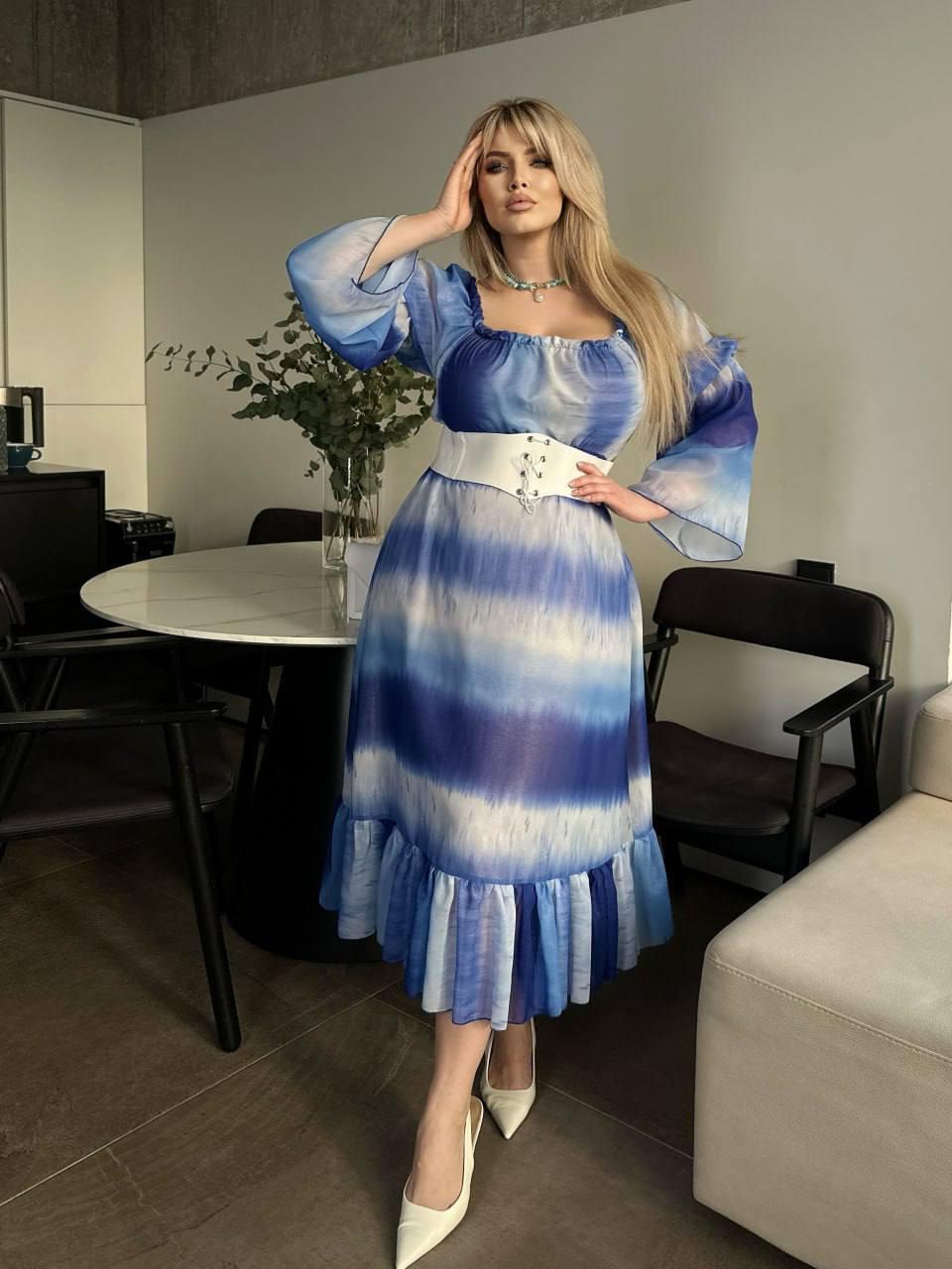 Весняне стильне шифон плаття міді з довгими рукавами розміри батал