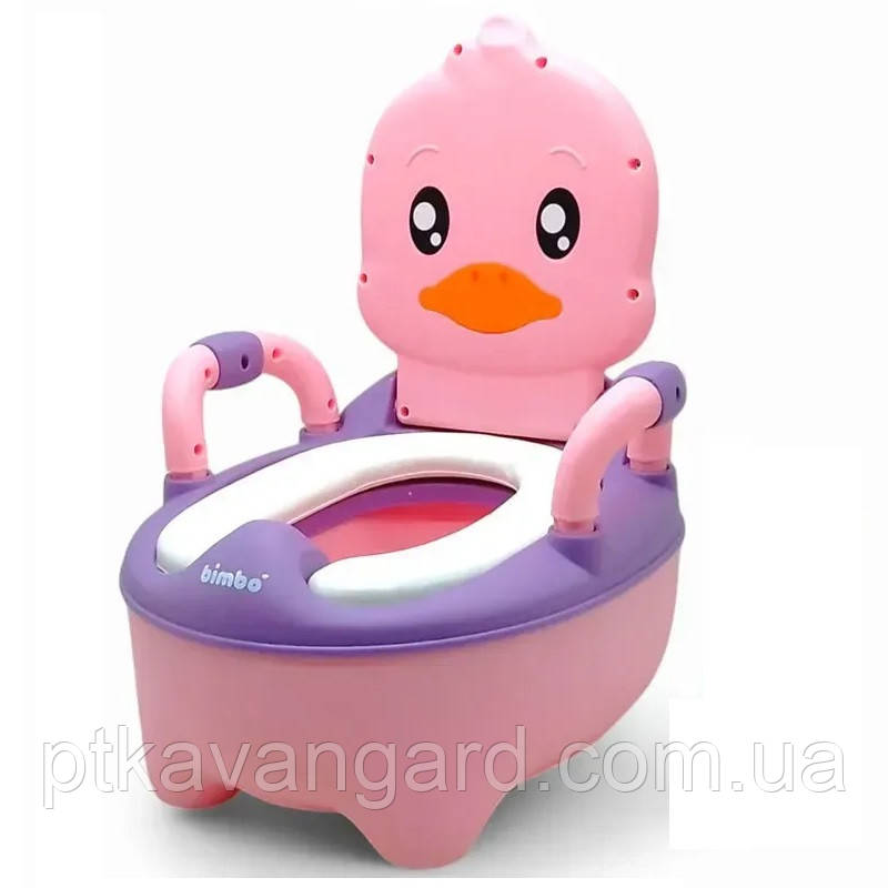 Дитячий горщик з кришкою і спинкою "Bimbo" Каченя (знімний лоток, щіточка) рожевий ВМ-23510, фото 1