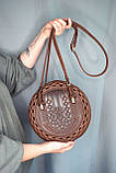 Кругла шкіряна сумка Берегиня коричнева, з короткими і довгим ремінцями, фото 2