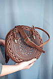 Кругла шкіряна сумка Берегиня коричнева, з короткими і довгим ремінцями, фото 8