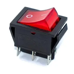 Перемикач клавішний KCD2-202N c підсвічуванням 220V (N) ON-ON 6 Pin, Червоний, Чорний
