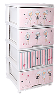 Комод органайзер пластиковий білий для дитячого одягу та іграшок на чотири ящики з декором Дівчата Aleana