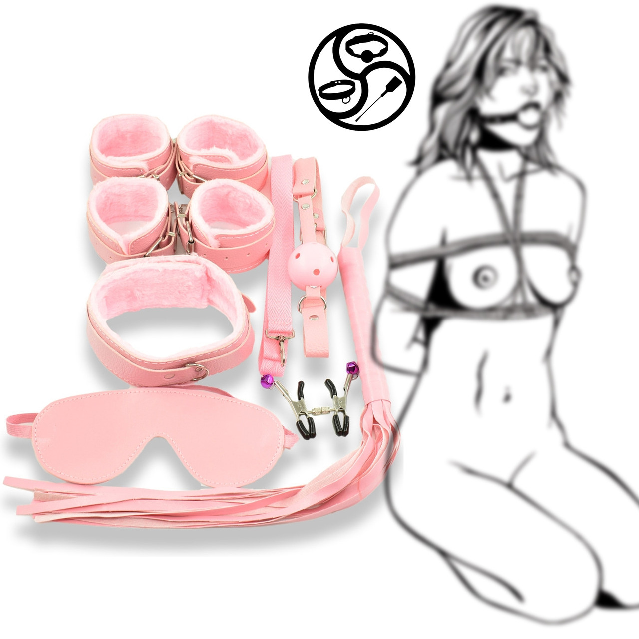 BDSM набір 7 предметів Еко-шкіра рожевого кольору БДСМ Set Black Guilty Toys
