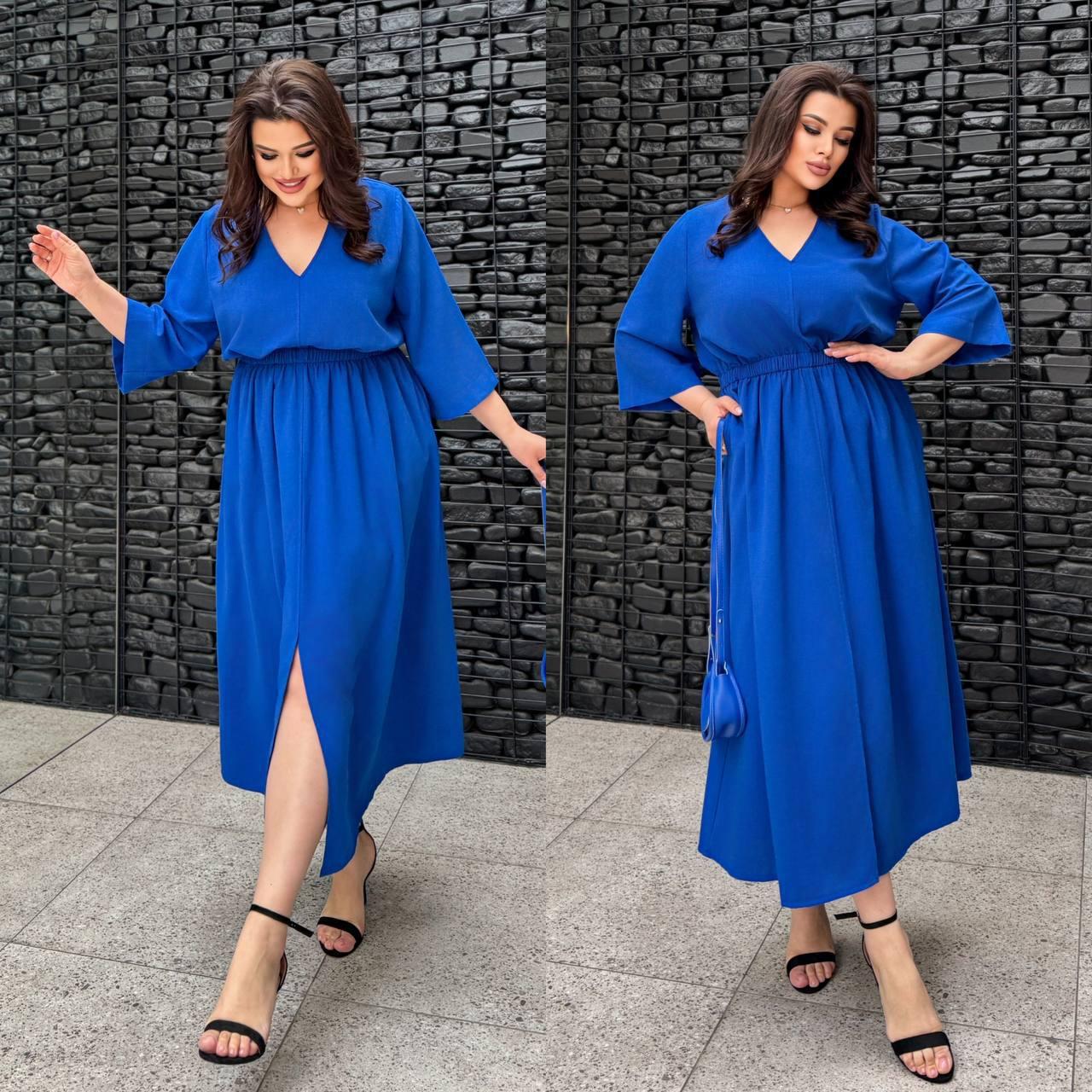 Жіноча довга літня сукня з льону з розрізом (Батал), фото 1