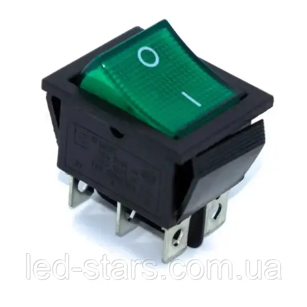 Перемикач клавішний KCD2-202N c підсвічуванням 220V (N) ON-ON 6 Pin, Зелений, Чорний, фото 1