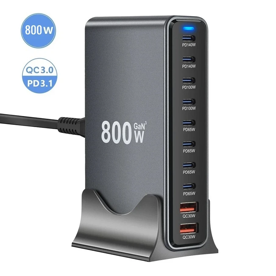 Зарядний пристрій YMX 800W, GaN, PD3.1 140W, QC3.0 30 W для телефонів, ноутбуків, 10 портів USB+Type-C,, фото 1