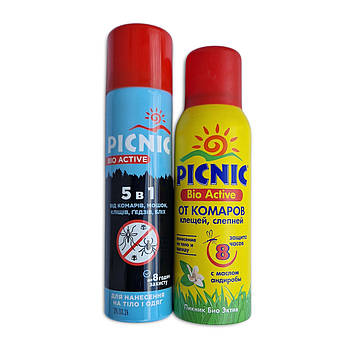 Аерозоль 5в1 від комарів, кліщів, мошки, гедзів, бліх PICNIC BIO Active 125мл, фото 1