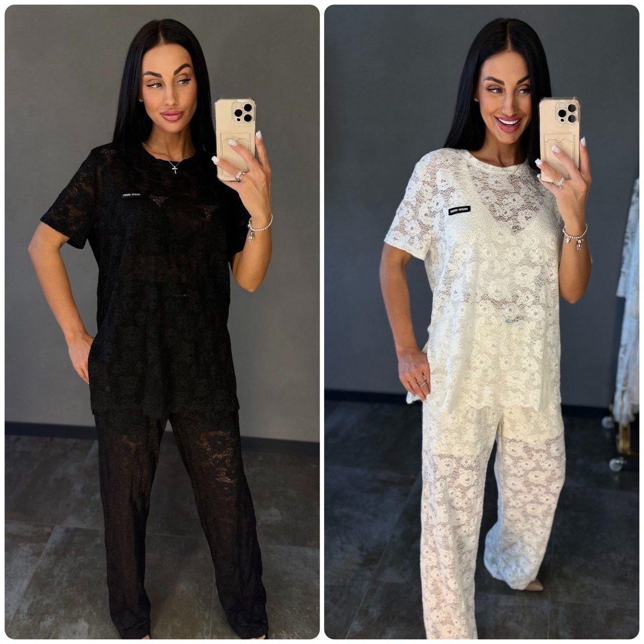 Жіночий літній костюм з гіп'юру футболка + штани | Люкс якість | Чорний / Білий