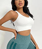 Жіночий білий топік, спортивний топ у рубчик з чашками пушап та декоративною спинкою, топ зі шнурівкою S/M, фото 2