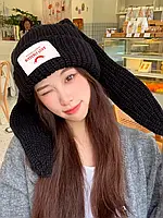 Шапка зимова з довгими вушками зайчика кролика Loverboy. В'язана аніме шапка з вухами зайця Чорного кольору